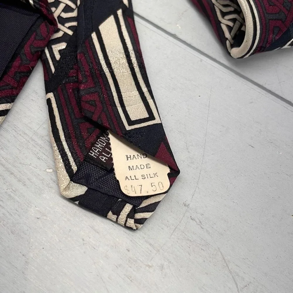 Vintage Paulo Zini Silk Ties For Mens Black Maroon Greecian‎ Geometric Italy